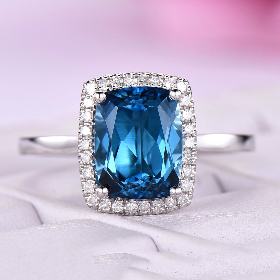 Cushion Blue Topaz Diamond Halo Engagement Ring 14K White Gold