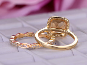 Cushion Citrine Art Deco Diamond Bridal Set 14K Yellow Gold - Lord of Gem Rings