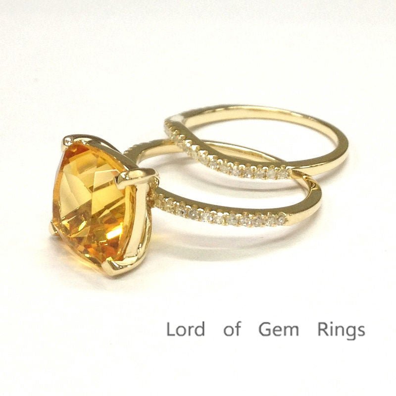 Cushion Citrine Curved Diamond Band Bridal Set 14K Yellow Gold - Lord of Gem Rings
