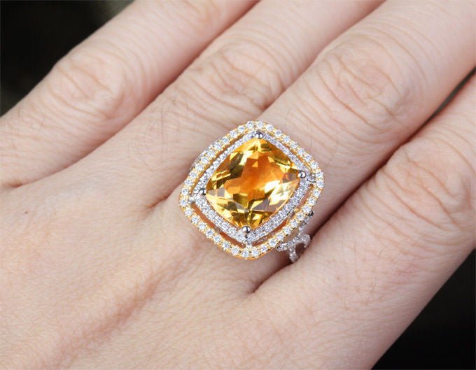 Cushion Citrine Diamond Double Halo Infinite Love Ring 14K Two-Tone Gold - Lord of Gem Rings