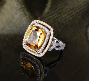 Cushion Citrine Diamond Double Halo Infinite Love Ring 14K Two-Tone Gold - Lord of Gem Rings