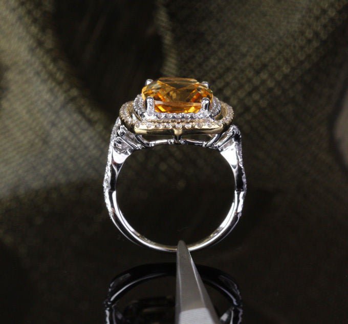 Cushion Citrine Diamond Double Halo Infinite Love Ring 14K Two-Tone Gold - Lord of Gem Rings