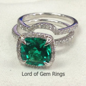 Cushion Emerald Contour Diamond Bridal Set 14K White Gold - Lord of Gem Rings