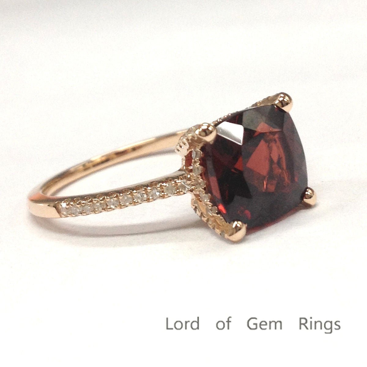 Cushion Garnet Diamond Basket Ring 14K Rose Gold - Lord of Gem Rings