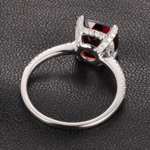 Cushion Garnet Diamond Hidden Halo Engagement Ring 14K White Gold - Lord of Gem Rings
