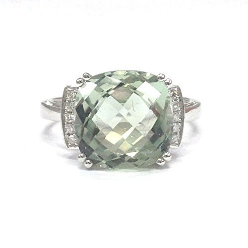 Cushion Green Amethyst Diamond Engagement Ring 14K White Gold - Lord of Gem Rings