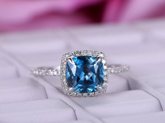 Cushion London Blue Topaz Diamond Halo Engagement Ring