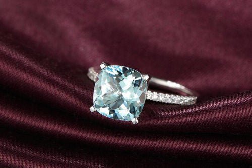 Cushion Medium Blue Aquamarine Diamond Ring 14K White Gold - Lord of Gem Rings