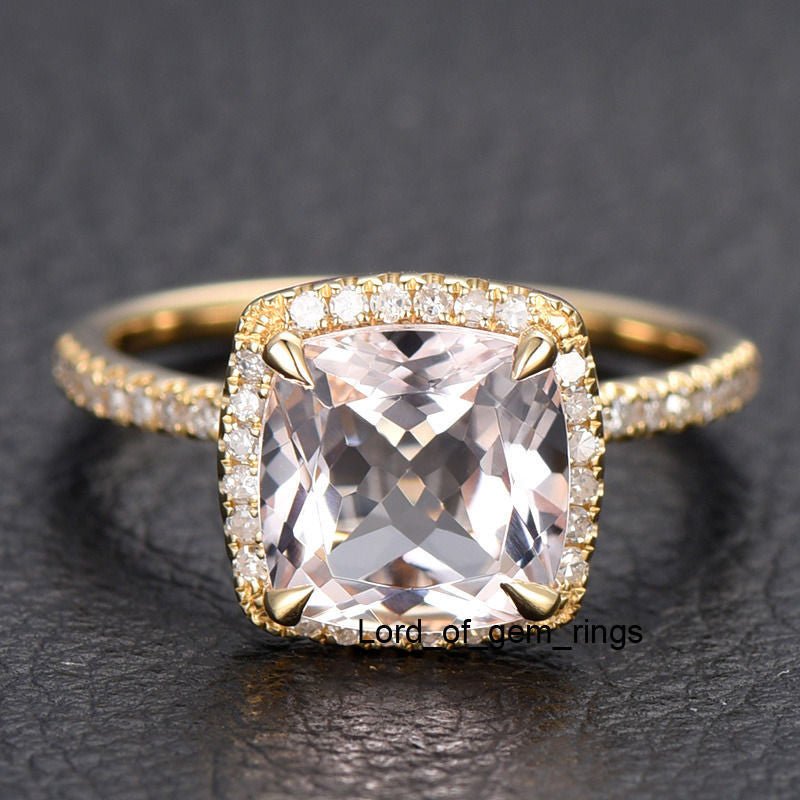 Cushion Morganite Ring Diamond Halo Hidden Accents 14K Yellow Gold - Lord of Gem Rings