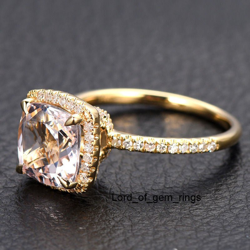 Cushion Morganite Ring Diamond Halo Hidden Accents 14K Yellow Gold - Lord of Gem Rings