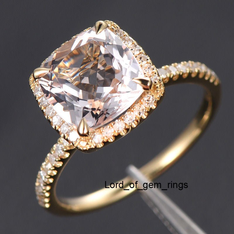 Cushion Morganite Ring Diamond Halo Hidden Accents 14K Yellow Gold - Lord of Gem Rings