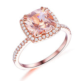 Cushion Morganite Ring FULL CUT Diamond Halo 14K Rose Gold, Double Prong Set - Lord of Gem Rings