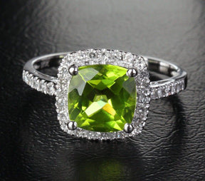 Cushion Peridot Accents Diamond Halo Cathedral Ring - Lord of Gem Rings