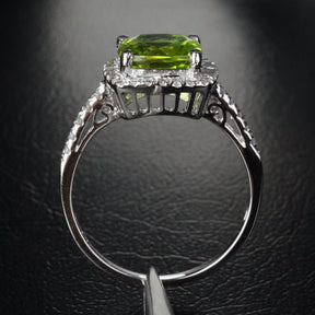 Cushion Peridot Accents Diamond Halo Cathedral Ring - Lord of Gem Rings