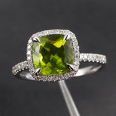 Cushion Peridot Diamond Halo Hidden Accents Engagement Ring - Lord of Gem Rings