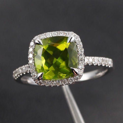 Cushion Peridot Diamond Halo Hidden Accents Engagement Ring