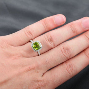 Cushion Peridot Diamond Halo Hidden Accents Engagement Ring - Lord of Gem Rings