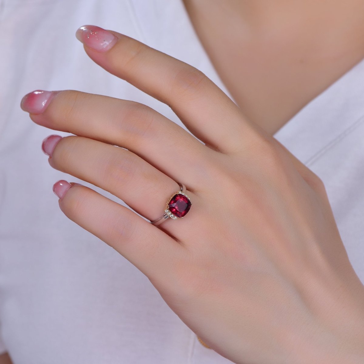 Cushion Pink Tourmaline Engagement Ring 14K Two Tone Gold - Lord of Gem Rings