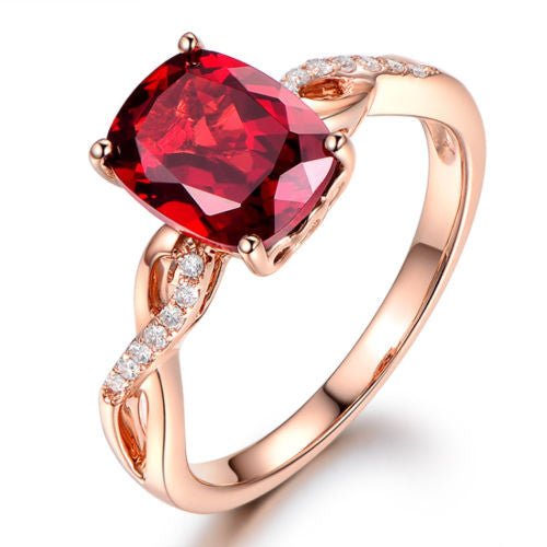 Cushion Red Garnet Diamond Crossover Ring 14K Rose Gold - Lord of Gem Rings