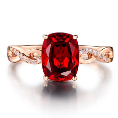Cushion Red Garnet Diamond Crossover Ring 14K Rose Gold - Lord of Gem Rings