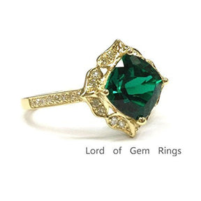 Cushion Treated Emerald Diamond Floral Halo Engagement Ring - Lord of Gem Rings