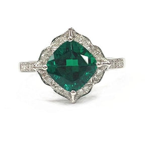 Cushion Treated Emerald Diamond Floral Halo Engagement Ring - Lord of Gem Rings
