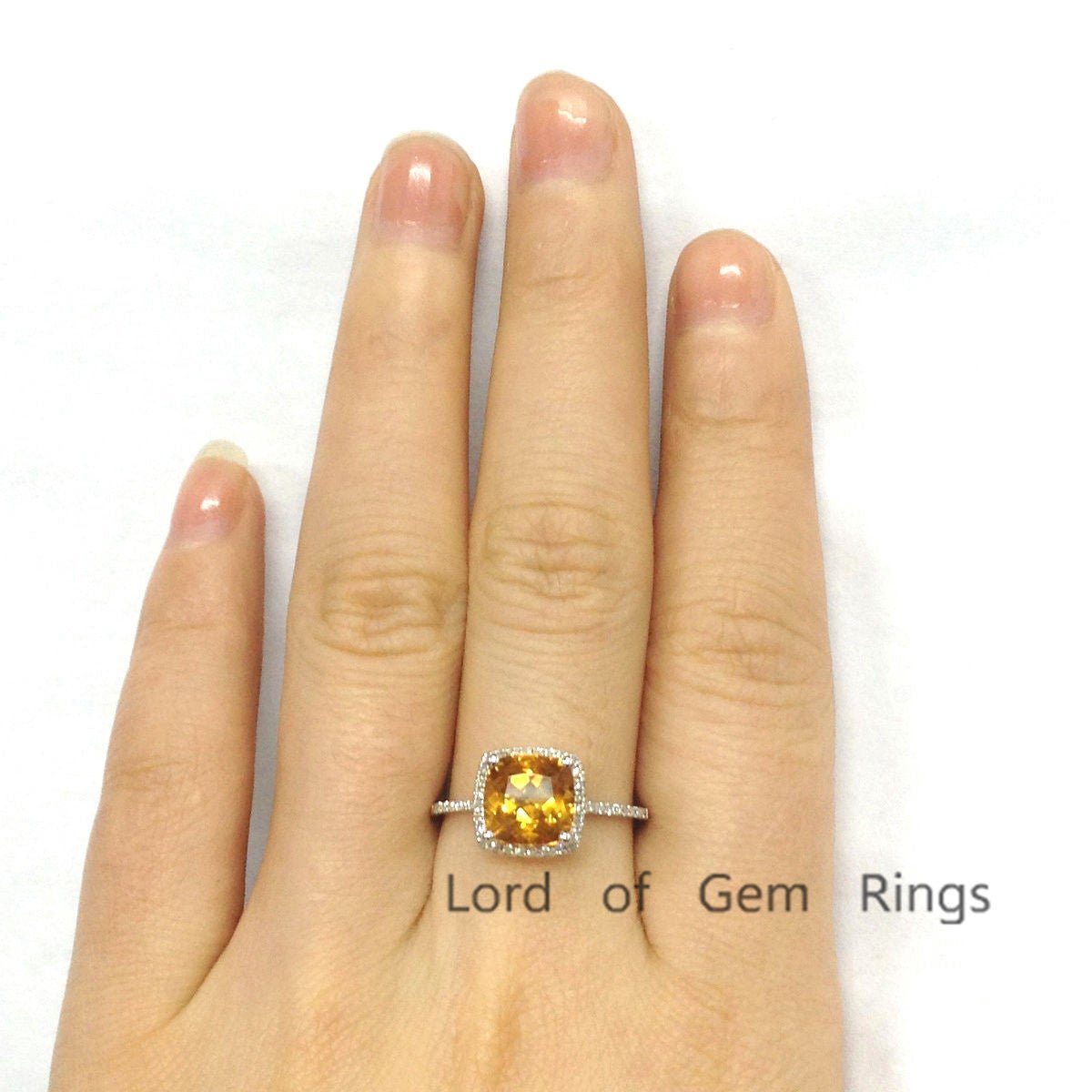 Cushion Yellow Citrine Halo Ring with Diamond Accents - Lord of Gem Rings