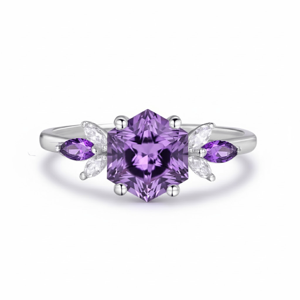 Custom Hexagon Amethyst & Marquise Moissanite Leaf Ring in 14K White Gold - Lord of Gem Rings