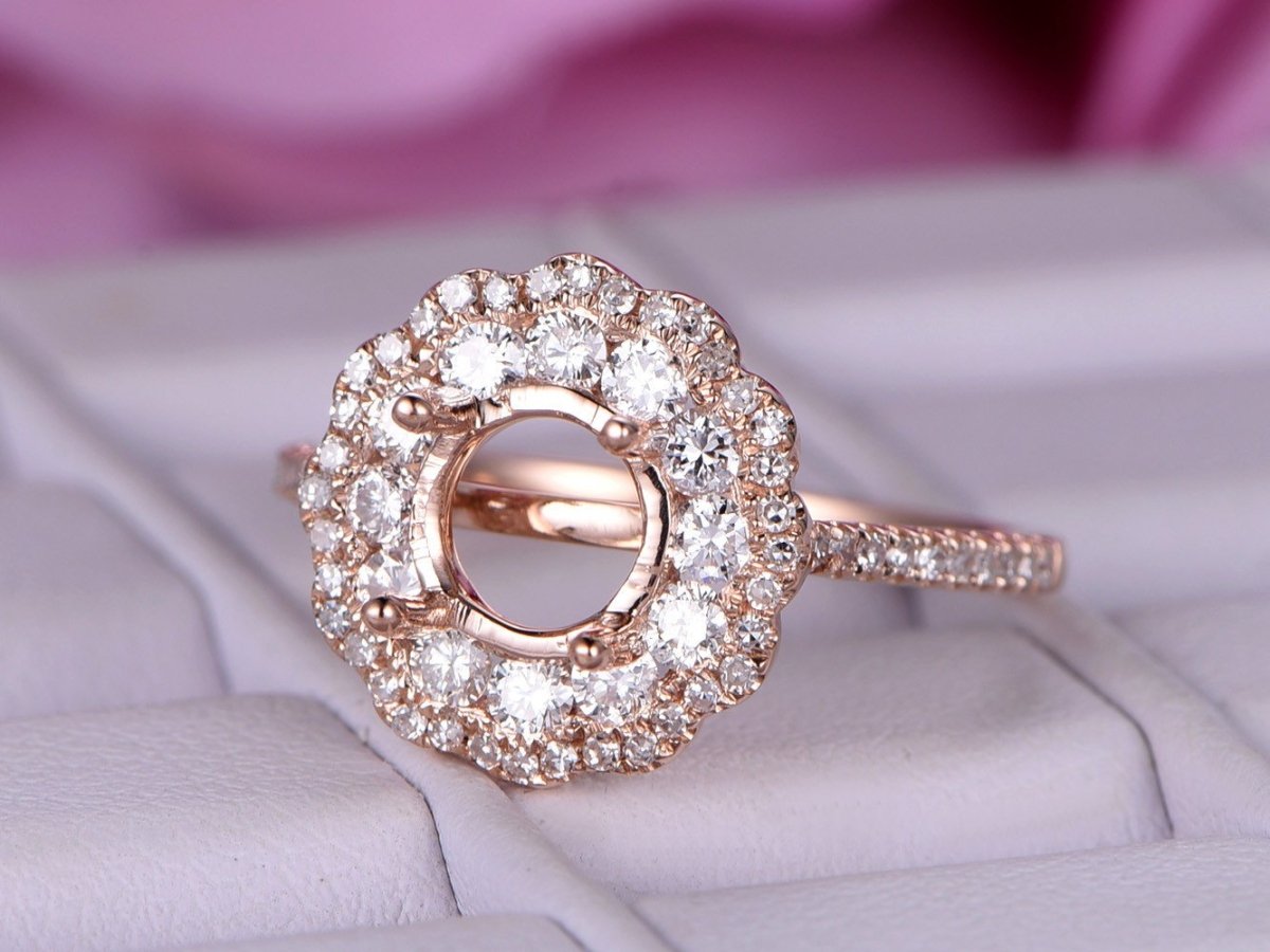 Diamond Engagement Ring Semi Mount Setting 14K Rose Gold, 6.5mm Round - Lord of Gem Rings