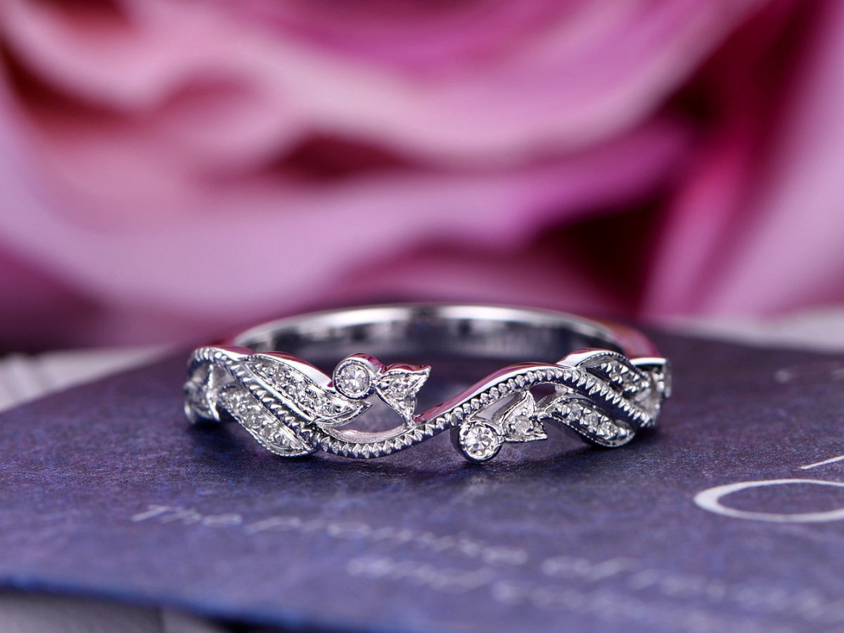 Pave-Set Diamond Floral Vive Wedding Ring Half Eternity 14K White Gold