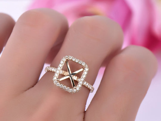 Diamond Halo Emerald Cut Semi Mount Ring With Accents