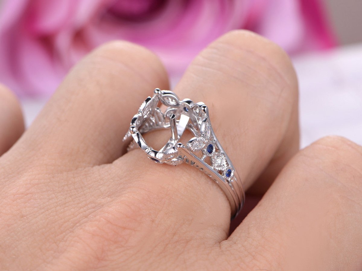 Diamond Sapphire Semi Mount Ring for Pearl - Lord of Gem Rings