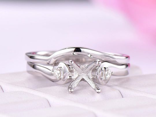 Diamond Semi Mout Ring  Vintage Round Bridal Set 14K White Gold