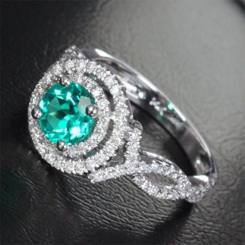 Double Halo Round Emerald Criss Cross Engagement Ring Diamond Accents - Lord of Gem Rings