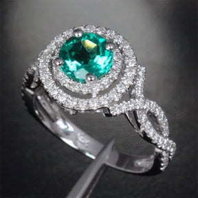 Double Halo Round Emerald Criss Cross Engagement Ring Diamond Accents - Lord of Gem Rings