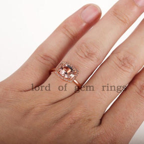 East-West Oval Morganite Ring Diamond Cushion Halo14K Rose Gold - Lord of Gem Rings