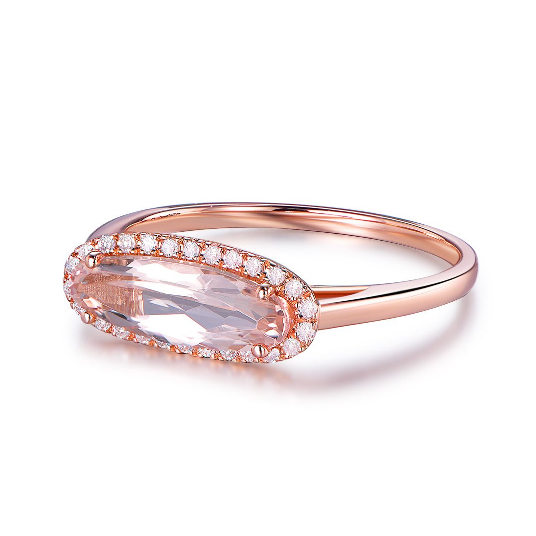 East-West Set Oval Elongated Morganite Ring Diamond Halo14K Rose Gold - Lord of Gem Rings