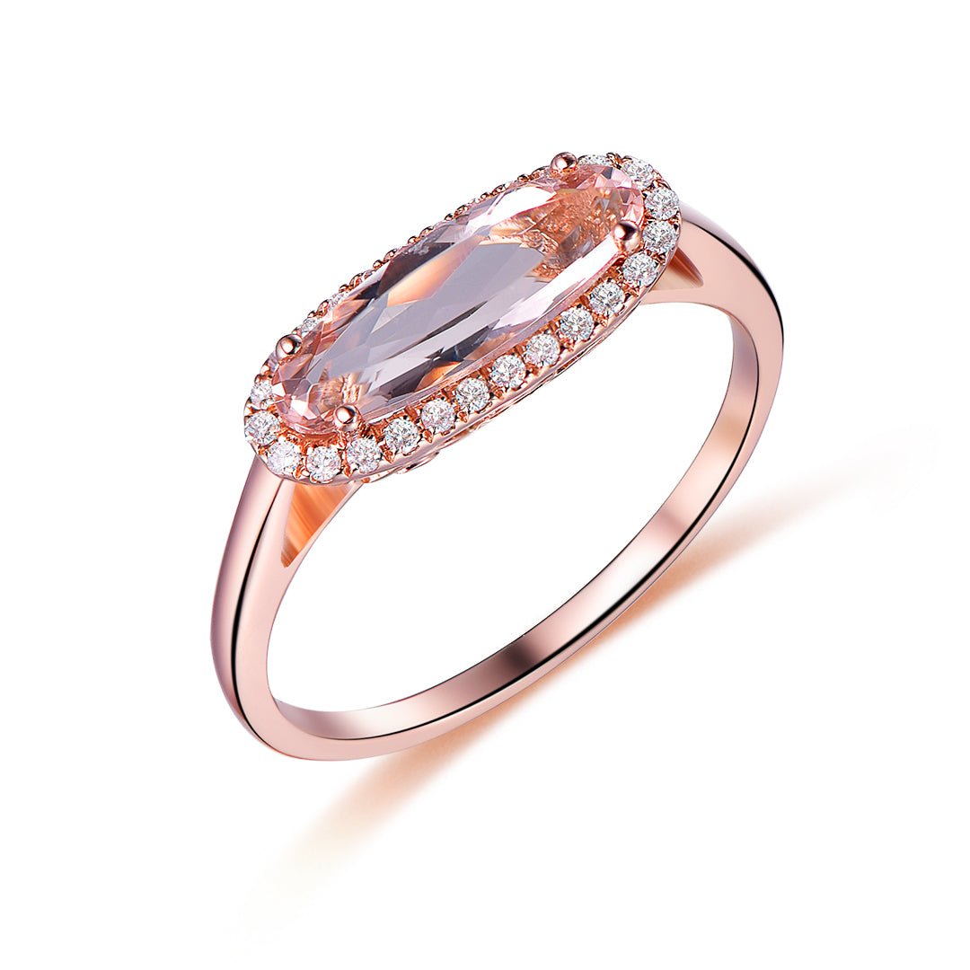East-West Set Oval Elongated Morganite Ring Diamond Halo14K Rose Gold - Lord of Gem Rings