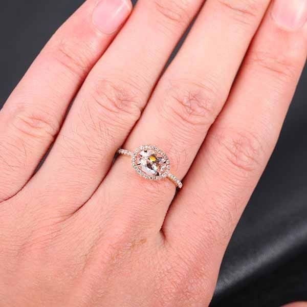 East-west Set Oval Morganite Ring Diamond Halo 14K Rose Gold - Lord of Gem Rings
