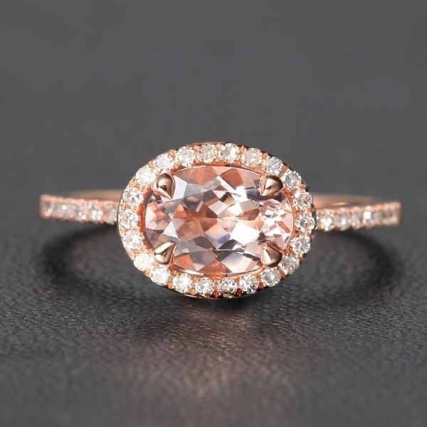 East-west Set Oval Morganite Ring Diamond Halo 14K Rose Gold - Lord of Gem Rings