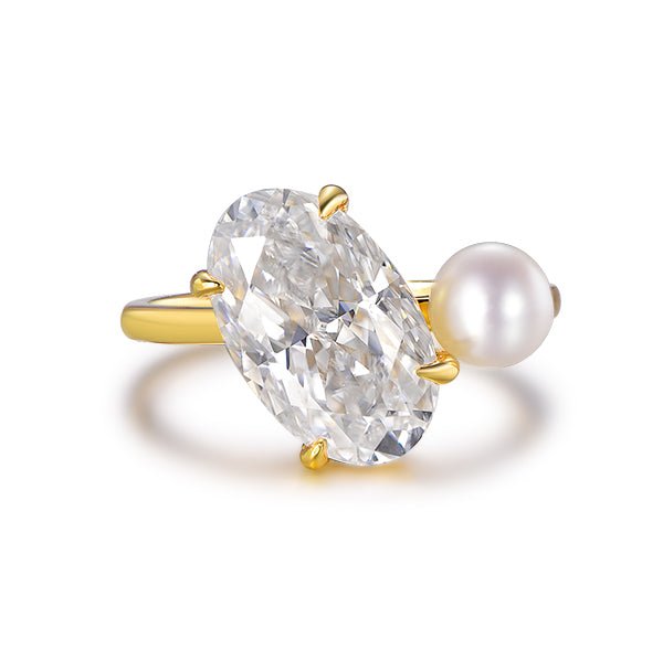 Elongated 8x13mm Oval Moissanite Pearl Engagement Ring 14K Yellow Gold - Lord of Gem Rings