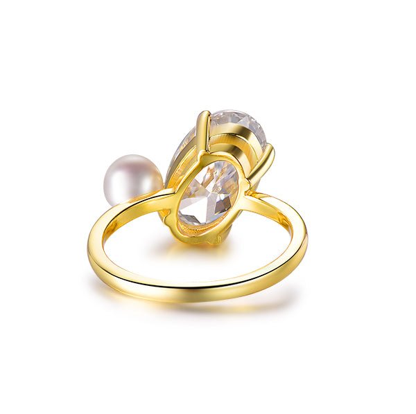 Elongated 8x13mm Oval Moissanite Pearl Engagement Ring 14K Yellow Gold - Lord of Gem Rings