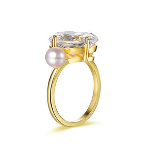 Elongated 8x13mm Oval Moissanite Pearl Engagement Ring 14K Yellow Gold - Lord of Gem Rings