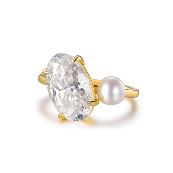 Elongated 8x13mm Oval Moissanite Pearl Engagement Ring 14K Yellow Gold - Lord of Gem Rings