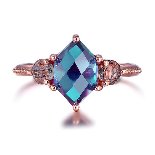 Elongated Hexagon Alexandrite Black Rutilated Quartz Engagement Ring