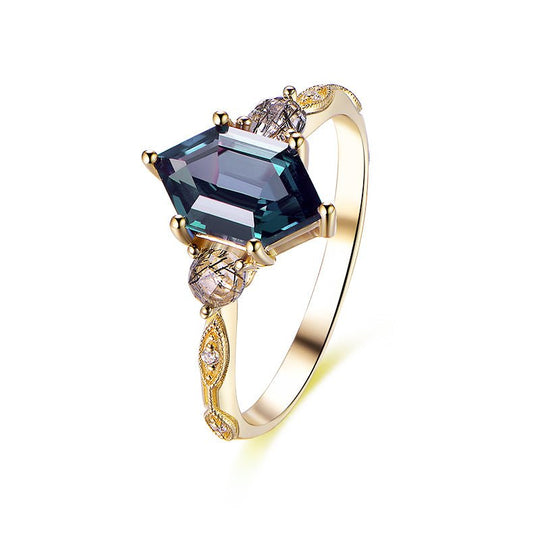 Elongated Hexagon Alexandrite Black Rutilated Quartz Vintage Ring 14K Yellow Gold