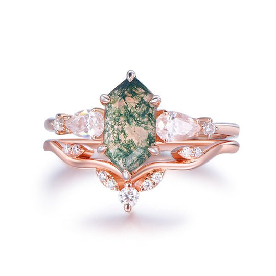 Elongated Hexagon Natural Moss Agate Pear Moissanite Ring with Curved Matching Band