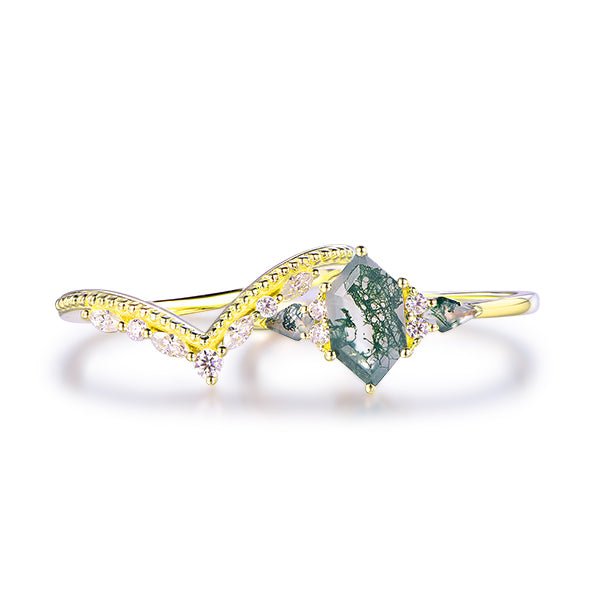 Elongated Hexagon Natural Moss Agate Ring Matching Curved Marquise Band, 14K Gold/Silver - Lord of Gem Rings