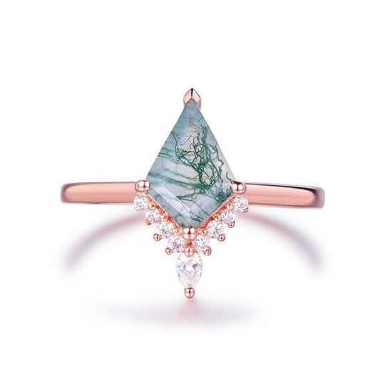 Elongated Kite Natural Moss Agate Pear Moissanite Ring, 14K Gold/Silver