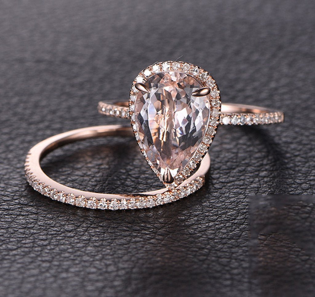 Elongated Pear Morganite Halo Bridal Set 14K Gold LOGR